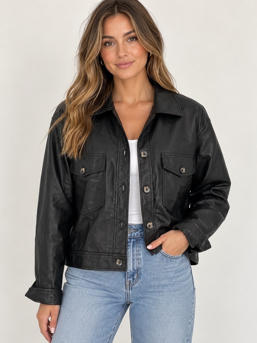 Wilfred Aritzia Faux Vegan Leather Cropped Shirt Jacket Black M 21x21
